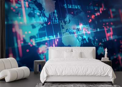 Holographic chart dashboard with world map, binary code overlay, abstract finance background
 Wall mural