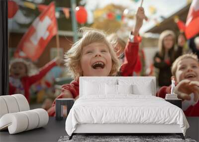 Joyful Children Waving Swiss Flags at a Parade
 Wall mural