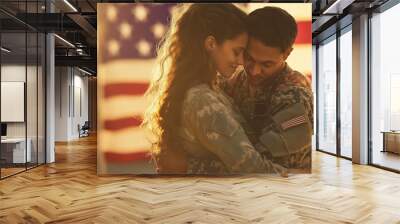 Military service member reuniting with family under an American flag, heartwarming and emotional
 Wall mural