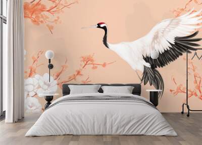 Unique crane and coral pattern on delicate peach, blending elegance and exotic flair
 Wall mural