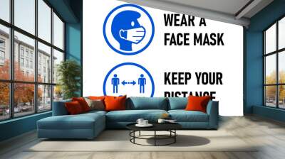 Set of Round Sticker Icons for Coronavirus Measures including Wear a Face Mask and Keep Your Distance 2m or 2 Metres. Vector Image. Wall mural