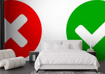 Set of Yes and No or Right and Wrong or Approved and Rejected Icons with Check Mark and Cross Symbols in Green and Red Circles. Vector Image. Wall mural