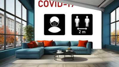 Stop Covid-19 Coronavirus Instruction Icon Set including Wear a Face Mask or Face Covering, Keep Your Distance 2 m or 2 Metres, Wash Your Hands and Stay at Home. Vector Image. Wall mural