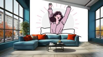  illustration of a woman in bed ready to get up, in the style of unicorncore, spontaneous gesture, light pink and red, mori kei, strong emotional impact, award-winning, skillful Wall mural