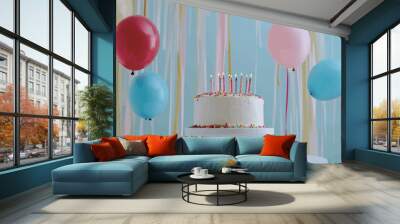 Birthday cake with candles, balloons and confetti on blue background Wall mural