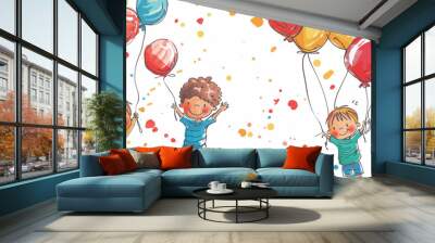 Children playing with colorful balloons. Happy childrens day greeting card. Wall mural