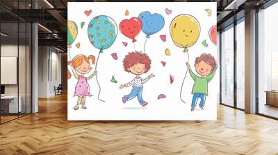 Cute little children with balloons. Vector illustration in cartoon style. Wall mural