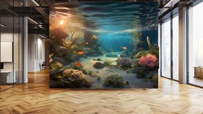 A luminous underwater garden teeming with bioluminescent flora and fauna, casting an enchanting glow beneath the tranquil waves. Generative AI. Wall mural