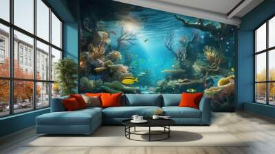 A luminous underwater garden teeming with bioluminescent flora and fauna, casting an enchanting glow beneath the tranquil waves. Generative AI. Wall mural