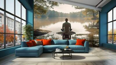 A person fully immersed in nature, sitting by a peaceful river. Practice of mindfulness, focusing on the present moment. Unplug from distractions. Slow living concept. Generative AI. Wall mural