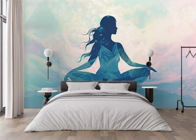 Silhouette of a young woman in lotus position on a pastel colored background. Yoga meditation pose. Transcendent spirituality concept. Generative AI. Wall mural