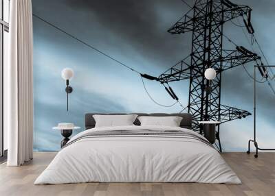 high-voltage power lines silhouette on dark blue background engineering background design Wall mural