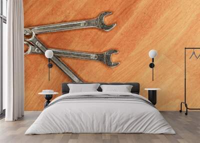 iron fitter work tool, set of wrenches with copy space lies on a wooden background Wall mural