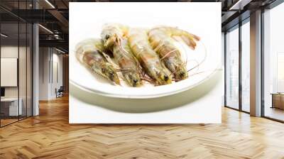 set of gray fresh seafood shrimp on white plate Wall mural