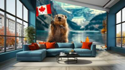 Funny Beaver Holding Canadian Flag For Canada Day National Holiday Celebration With Canadian Nature Landscape Of Lake And Mountains  in the Background, Mock Up Empty Wall mural