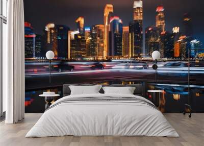 Vibrant city lights illuminating the night skyline. City life at night. Tall skyscrapers and towering building  reflected in still waters below. Cars are seen zipping by, adding to the motion blur. Wall mural