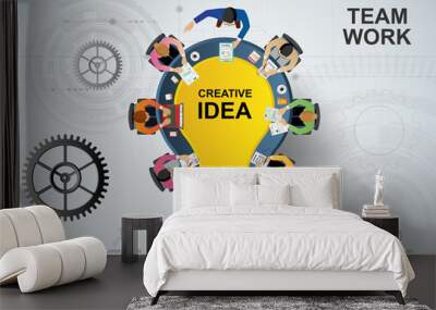 Business meeting and brainstorming. Idea and business concept for teamwork. Vector illustration infographic template with people, team, light bulb and icon.Print Wall mural