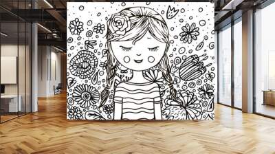 cute little girl pattern doodle coloring book Wall mural