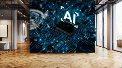 3D render AI artificial intelligence technology CPU central processor unit chipset on the printed circuit board for electronic and technology concept select focus shallow depth of field Wall mural