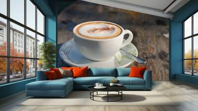 Coffee cup on wooden table Wall mural