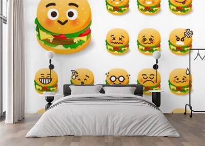 Collection of difference emoticon burger cartoon on white backgr Wall mural