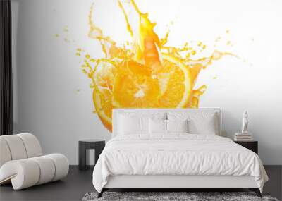 Fresh slide half of ripe orange fruit with orange juice splash water isolated on white background Wall mural