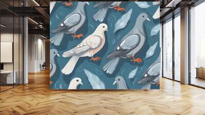 gray pigeons on blue background. Seamless pattern. Texture for fabric, wrapping, wallpaper. Decorative print.Vector illustration Wall mural