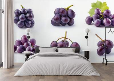 Six bunches of purple grapes on white background Wall mural