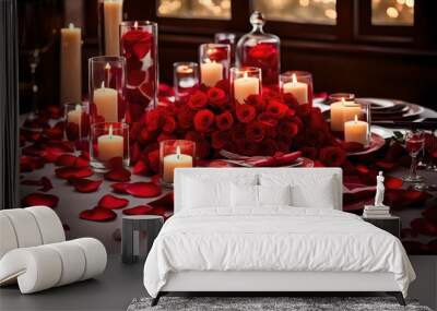 a serene tabletop covered with red rose petals, illuminated by the gentle glow of candlelight.-- Wall mural