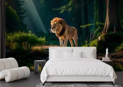 lion in the forest generated AI Wall mural