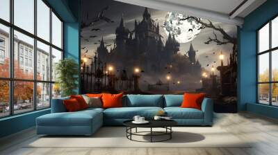 Scary halloween castle - dark spooky place, with coffins and many bats, beautiful view, fog, AI Generative Wall mural