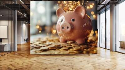 Piggy bank with coins and festive sparkles around it Wall mural