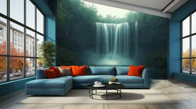 Serene Waterfall in Lush Green Landscape Wall mural