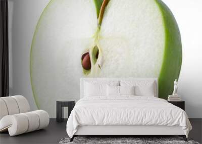 Green apple with green leaf and cut slice with seed isolated on transparent background Wall mural