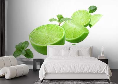 Green lemon fruit and mint leaves isolated on white background with clipping path Wall mural