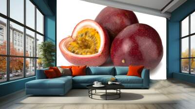 Red passion fruit with yellow pulp isolated on white background. Wall mural