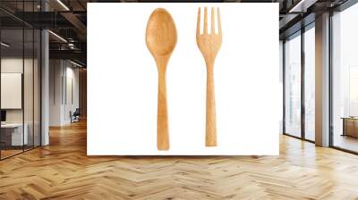 wooden spoon and wooden fork on white background. Wall mural