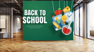 Back to school banner with education items hanging on green chalkboard background in paper art style. Wall mural