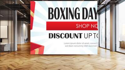 Boxing day sale with red gift box advertising poster template. Use for flyer, banner, christmas seasonal offer, discount. Wall mural