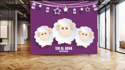 Eid Al Adha Mubarak celebration card with sheep in paper art purple background. Use for banner, poster, flyer, brochure sale template. Wall mural