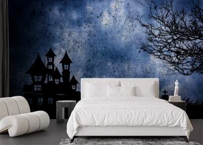 Halloween night scene with haunted house and death tree background. Wall mural