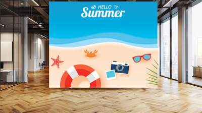 Hello summer card banner with vacation beach paper art background. Wall mural