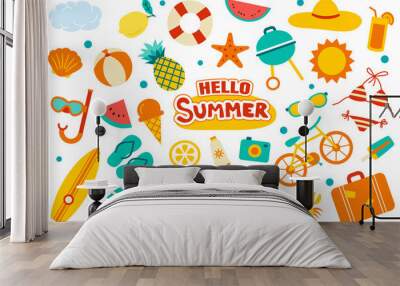 Hello summer collection set flat design on white background. Summer  symbols and objects colorful. Wall mural