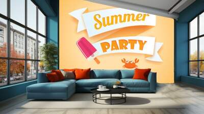 Hello summer party card banner with orange background. Use for poster, flyer, advertising, brochure, invitation, flyer. Wall mural