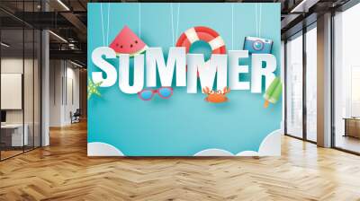 Hello summer with decoration origami hanging on blue sky background. Paper art and craft style. Vector illustration of life ring, ice cream, camera, watermelon, sunglasses. Wall mural