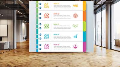 Infographics tab in horizontal paper index with 5 data template. Vector illustration abstract notebook background. Can be used for workflow layout, business step, banner, web design. Wall mural