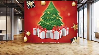 Invitation merry christmas red party poster banner and card design template. Happy holiday and new year tree and gift boxes theme concept.. Wall mural