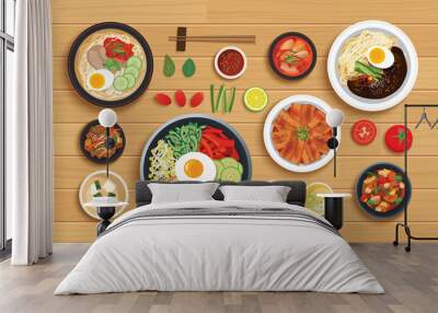 korean food set on top view wooden table background. Wall mural