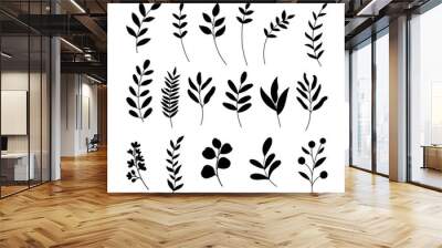 Leaf silhouette set. Hand drawn with leaves and flowers on white background. Wall mural