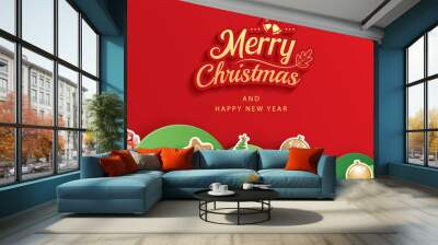 Merry christmas and happy new year red greeting card in paper art banner template. Use for header website, cover, flyer. Wall mural